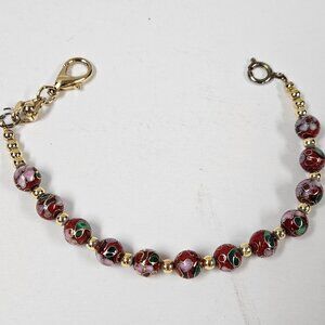 Vintage Chinese Cloisonné Enamel Bead Bracelet Red Floral Gold Tone 8 Inch/C-1